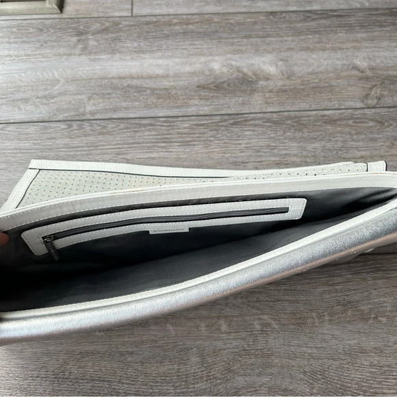 BCBGMAXAZRIA Metallic Laser Cut  Leather Criss Cross Flap Clutch Evening Handbag - Picture 11 of 16